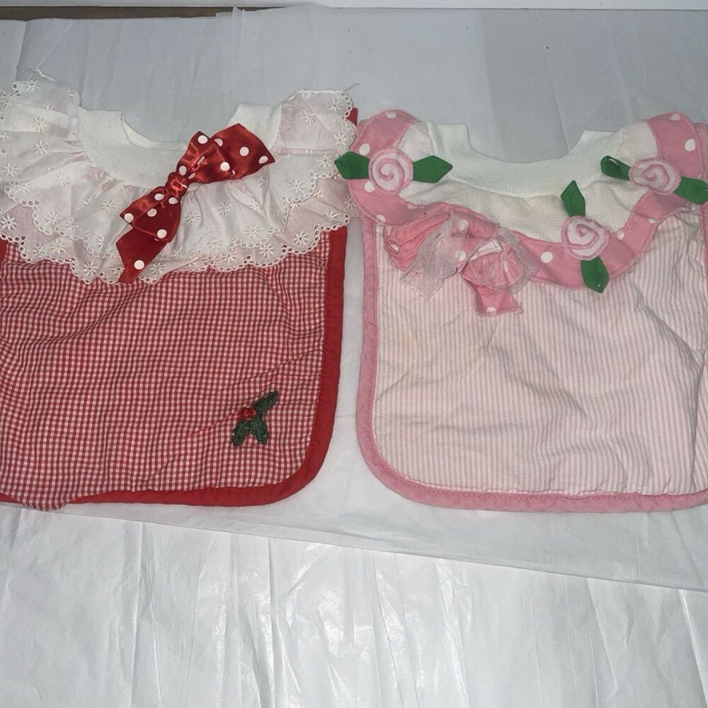Vintage Mullins Square Kids Baby Bibs Lot 2 Pink Rose & Holly Christmas